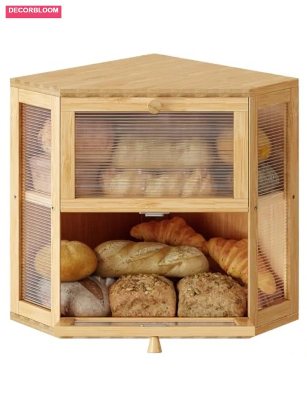 Double Layer Corner Bread Box with 2 Doors, Bamboo Kitchen Storage